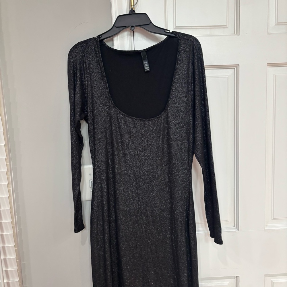 SKIMS Black Shimmery Long-Sleeve Scoop Neck Dress
